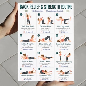 May include: A white instructional poster titled Back Relief & Strength Routine featuring twelve numbered illustrations of exercises. Each section includes a title, descriptive text, and repetition counts for movements like Wall Slide Reach and Cat-Cow Flow.