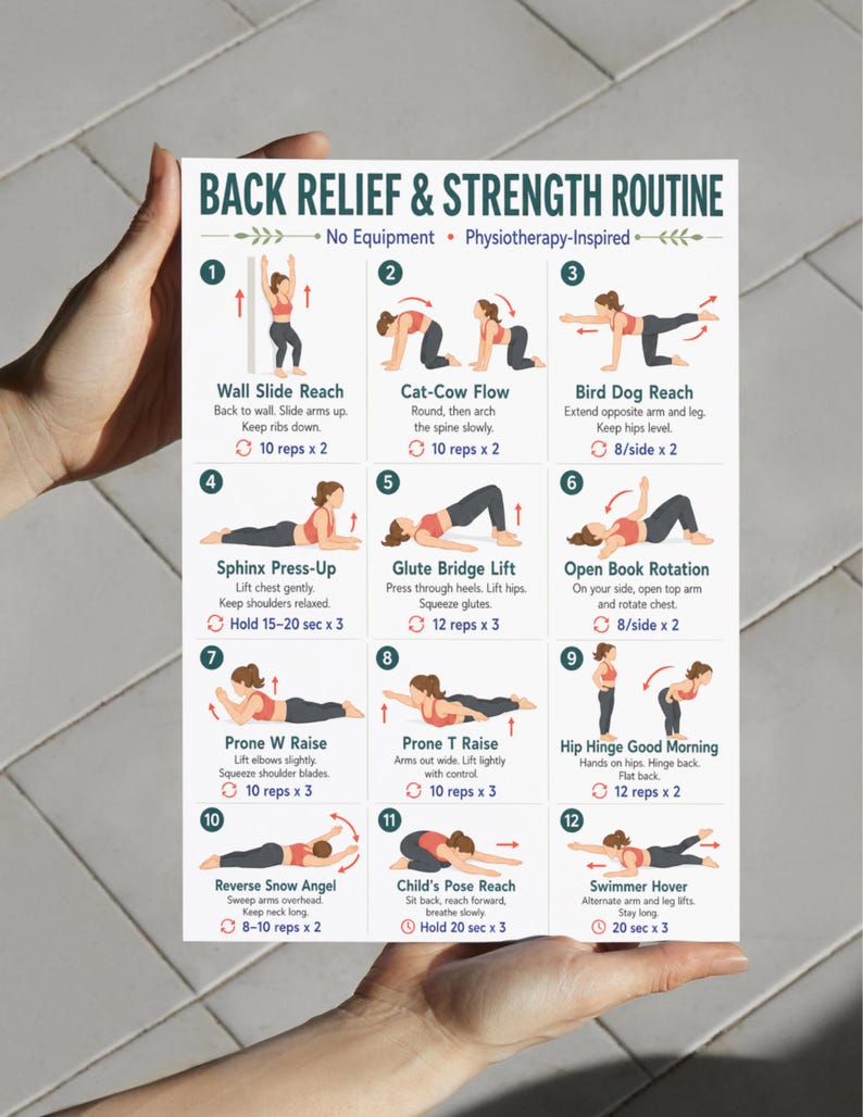 May include: A white instructional poster titled Back Relief & Strength Routine featuring twelve numbered illustrations of exercises. Each section includes a title, descriptive text, and repetition counts for movements like Wall Slide Reach and Cat-Cow Flow.