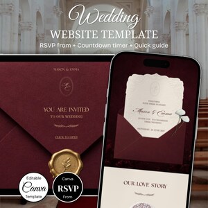 May include: A digital wedding website template featuring a deep burgundy background with gold wax seal accents. The display shows an invitation with the text Mason & Emma, RSVP from, Countdown timer, and Quick guide, presented on a smartphone screen.