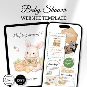May include: A digital baby shower website template shown on a tablet and smartphone. The tablet displays a bunny with an envelope and the text "Mail has arrived!". The smartphone shows baby shower details, registry information, and a diaper raffle.