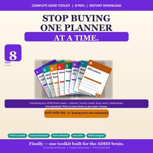Peut inclure: Publicité pour une trousse à outils complète pour le TDAH avec 8 PDF. L'image présente une bannière violette avec le texte « ARRÊTEZ D'ACHETER UN AGENDA À LA FOIS ». En dessous, 8 cartes avec différents outils. Le texte dit « ÉCONOMISEZ PLUS DE 50 % par rapport à l'achat de chacun séparément ».