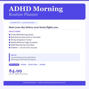 Może przedstawiać: Cyfrowy planer porannej rutyny ADHD z niebieskim nagłówkiem i tekstem. Planer zawiera 5-stopniowy system poranny ADHD, arkusz codziennej rutyny, 30-dniowy tracker, cotygodniowe strony refleksji i poranne wskazówki. Planer jest niedatowany i wielokrotnego użytku.