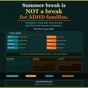 Könnte beinhalten: Ein digitales Kit für Familien mit ADHS, mit dem Text "Summer break is NOT a break for ADHD families." Das Kit enthält Tools wie einen Stundenplan, einen Routine-Launcher und eine Aktivitätenbank. Es unterstützt Eltern im Sommer.