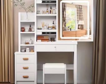 Tocador con iluminación LED, espejo y taburete, 3 modos de iluminación, brillo ajustable, mesa de maquillaje con 4 cajones.