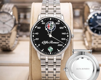 Orologio da polso Alfa Romeo Exclusive con logo, in metallo e cinturino in pelle, con scatola inclusa.