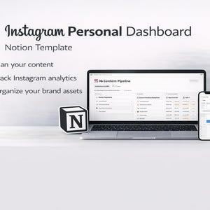 Può includere: Un laptop e uno smartphone mostrano un modello Notion di dashboard personale di Instagram. Lo schermo mostra la pianificazione dei contenuti, il monitoraggio delle analisi e l'organizzazione delle risorse del marchio. Sono visibili anche una tazza bianca, una pianta e il logo Notion.