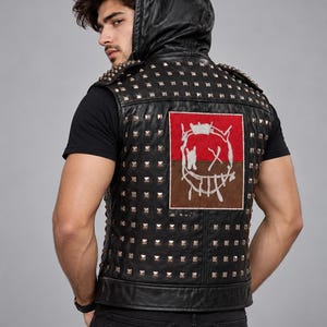 Studded Hooded  Wrench Leather Vest, Watch Dogs 2DedSec Marcus Holloway Costume, Punk Motorcycle Outfit