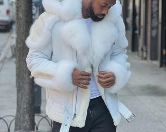 White Shearling Biker Jacket Men Fox Fur Hood Winter Coat Luxury Style