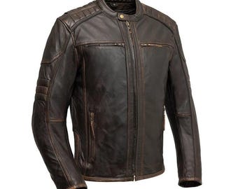 Men's Leather Motorcycle Jacket - Rider Club Biker Coat for Winter | Genuine Moto Jacket Gift for Husband, Dad, Boyfriend, Dad & Son