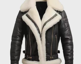 Men’s RAF B3 Aviator Jacket – Real Leather Shearling Fur Bomber Pilot Flying Coat Black