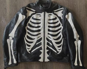 Men’s Skeleton Biker Leather Jacket – Genuine Cowhide Motorcycle Jacket, Skull Design, Black Rider Jacket, Gothic Streetwear,