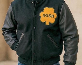 Notre Dame Varsity Jacket for Men – Wool & Genuine Leather Fighting Irish Letterman Jacket, College Style Bomber Coat Gift for Him
