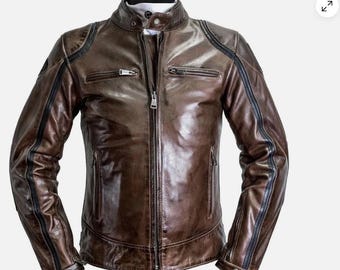 Men’s Modelo Rag Motorcycle Leather Jacket – Camel Black Biker Motorbike Genuine Leather Coat Vintage Style