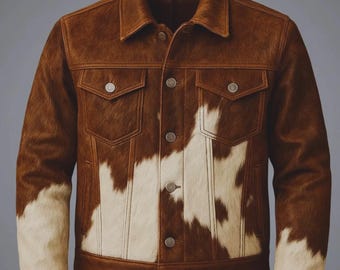 Men’s Real Cowhide Hair-On Jacket – Natural Brown & White Pony Skin Leather Western Coat for Men