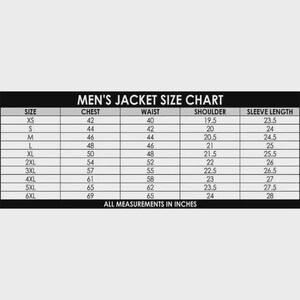 May include: A black and white jacket size chart with columns for size, chest, waist, shoulder, and sleeve length. The table lists sizes from XS to 6XL with corresponding measurements in inches. The text reads MEN'S JACKET SIZE CHART and ALL MEASUREMENTS IN INCHES.