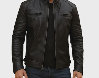 Men’s Black Biker Leather Jacket Cafe Racer Lambskin Motorcycle Jacket