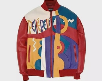 Men’s Premium Cowhide Leather Bomber Jacket – Plush Abstract Handmade Design