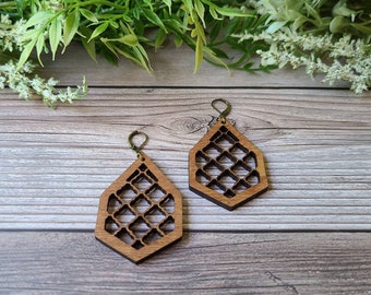 Basket Weave Honeycomb Style Earrings Made From Maple. Rustic Earrings. Statement Earrings. Dressy Dangle Earrings. Trellis Earrings.