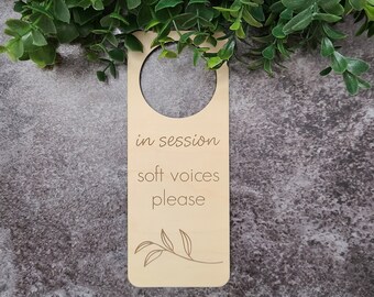 In Session Soft Voices Please Do Not Disturb Door Hanger- In Session Sign- Meditation Sign- Meeting in Session Do Not Disturb Sign