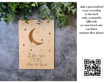 I Love You To The Moon and Back Audiogram Sign With Matching Wooden Easel- Moon and Stars Sign With Scannable QR Code For Audio Message