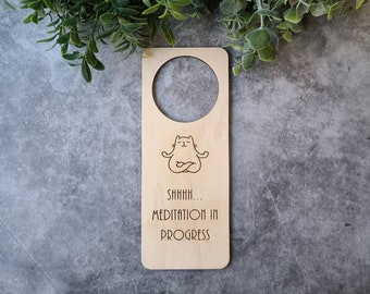 Shhhh Meditation in Progress Do Not Disturb Door Hanger Sign. Yoga Cat Meditation Sign. Quiet Time Do Not Disturb Sign