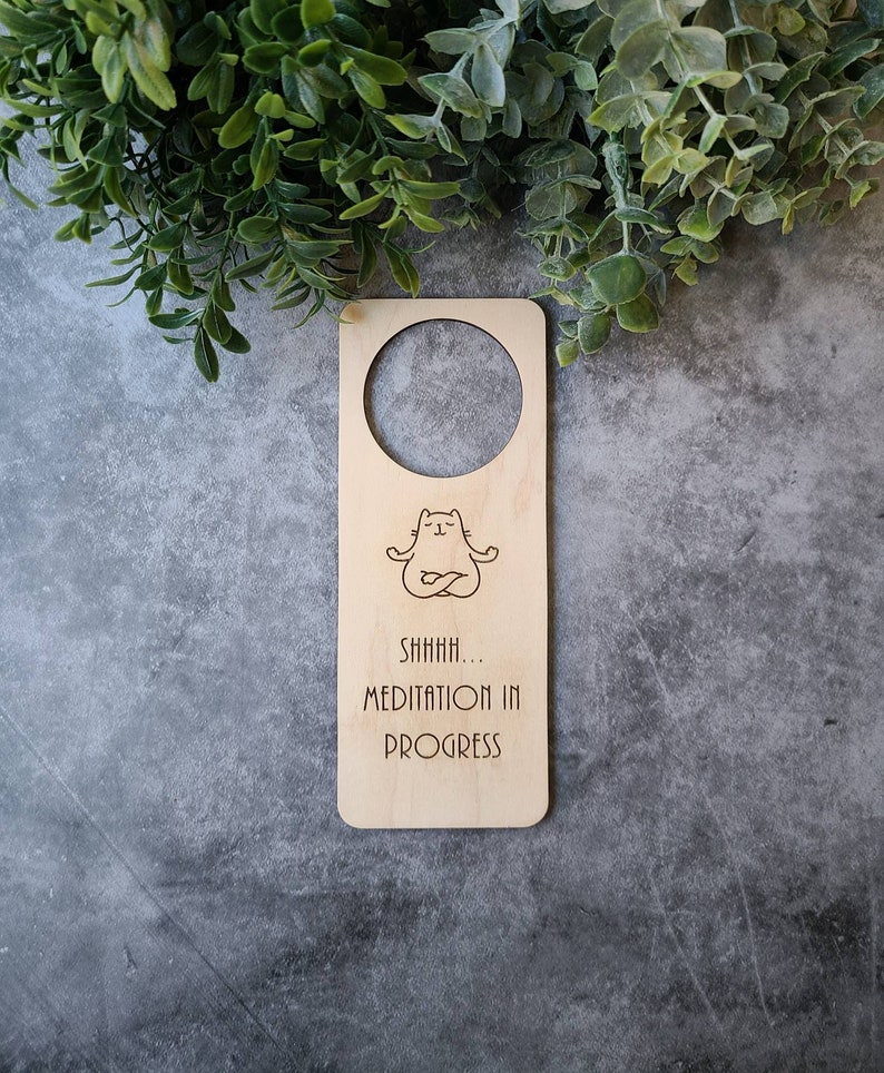 Shhhh Meditation in Progress Do Not Disturb Door Hanger Sign. Yoga Cat Meditation Sign. Quiet Time Do Not Disturb Sign image 1