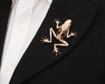 Frog Skeleton Brooch, Gothic Animal Anatomy Lapel Pin, Antique Gold Metal Alloy