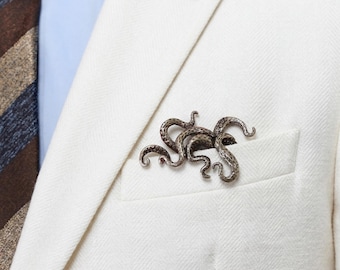 Octopus Metal Pocket Square Holder, Nautical Suit Accessory, Kraken Lapel Pin Alternative
