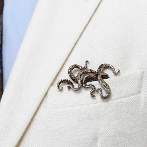 Octopus Metal Pocket Square Holder, Nautical Suit Accessory, Kraken Lapel Pin Alternative