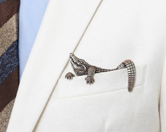 Alligator Pocket Square Clip, Gold Silver Crocodile Metal Accessory, Groom Wedding Holder