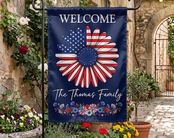 Patriotic Flower Garden Flag Personalized, Custom Family Name Flag, Red White Blue 4th of July Decor, Personalized 250th Anniversary Banner