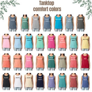 May include: A selection of tank tops in a range of colours: denim, light green, grey, blue jean, sapphire, ice blue, pepper, blossom, chambray, lagoon blue, island reef, neon pink, neon red orange, chalky mint, butter, bright salmon, terracotta, crunch berry, melon, blue spruce, sandstone, water melon, red, black, white, ivory, true navy, violet, seafoam, crimson, and flo blue. The text "Tanktop comfort colors" is at the top.