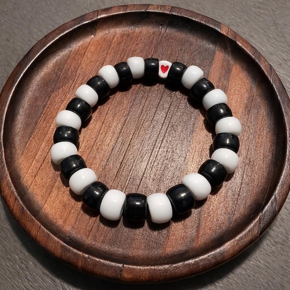 Black White Kandi Bracelet | Handmade Monochrome Pony Bead Stretch Jewelry