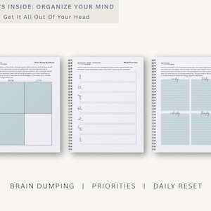 May include: Three open spiral-bound notebooks with different layouts. The top text reads "WHAT'S INSIDE: ORGANIZE YOUR MIND Get It All Out Of Your Head". The notebooks feature sections for brain dumping, priorities, and daily resets, with text and grid layouts.