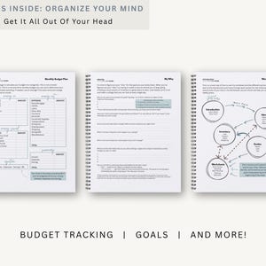 May include: Three open spiral-bound notebooks with budget tracking worksheets, goal-setting prompts, and a workbook map. The pages are white with black text and teal accents. The top banner reads "WHAT'S INSIDE: ORGANIZE YOUR MIND".