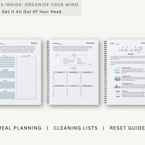 May include: Three spiral-bound notebooks with pages for meal planning, cleaning lists, and reset guides. The notebooks have a white background with light blue accents and text that reads "WHAT'S INSIDE: ORGANIZE YOUR MIND Get It All Out Of Your Head."