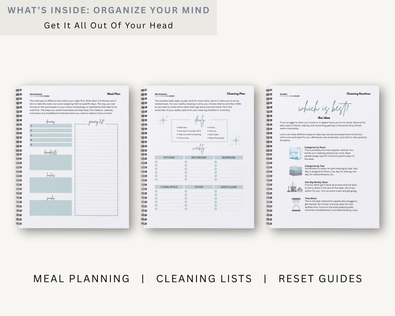 May include: Three spiral-bound notebooks with pages for meal planning, cleaning lists, and reset guides. The notebooks have a white background with light blue accents and text that reads "WHAT'S INSIDE: ORGANIZE YOUR MIND Get It All Out Of Your Head."