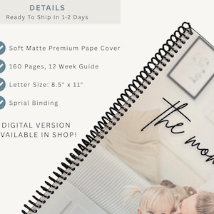 May include: A spiral-bound planner with a soft matte cover. The planner has 160 pages and a 12-week guide. The letter size is 8.5" x 11". The text on the cover says "the mom era".