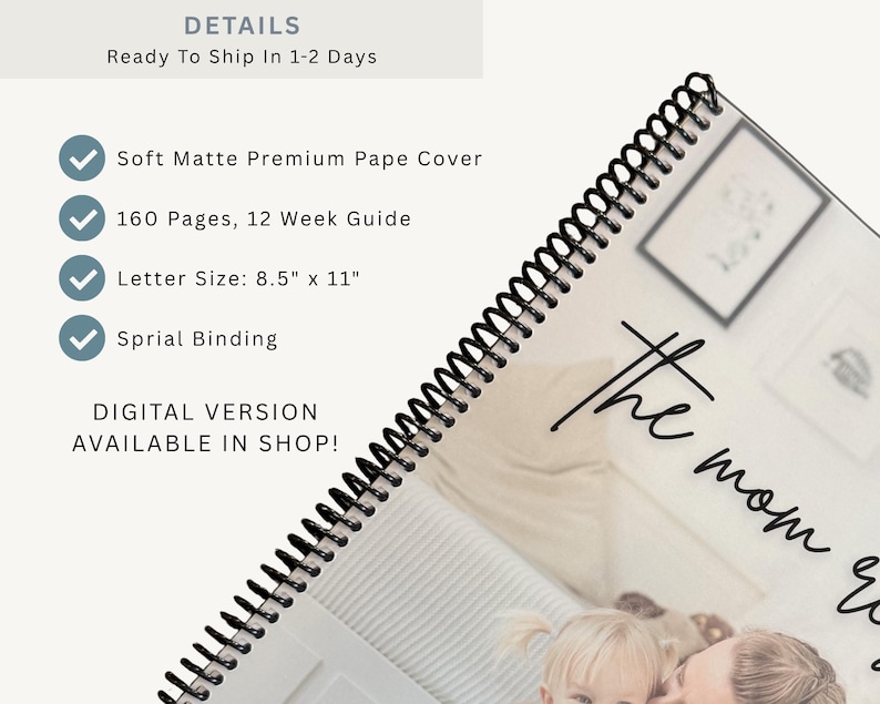 May include: A spiral-bound planner with a soft matte cover. The planner has 160 pages and a 12-week guide. The letter size is 8.5" x 11". The text on the cover says "the mom era".