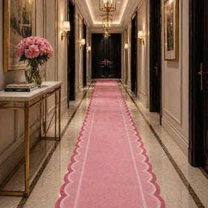 Alfombra rosa de pasillo con borde festoneado, de lana con mechones, ideal para la decoración de pasillos y corredores.