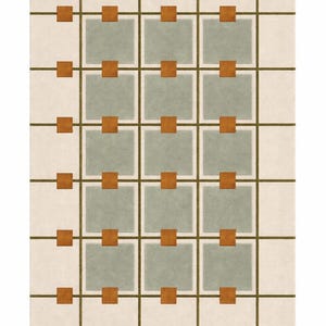 Puede incluir: Una alfombra rectangular con un diseño geométrico. Tiene un fondo color crema con una cuadrícula de líneas verde oliva. Acentos cuadrados en verde salvia y marrón están espaciados uniformemente.
