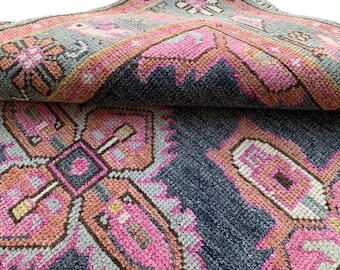 Hand Knotted Blue Pink Oushak Rug Vintage Floral Turkish Wool Area Rug Custom Size