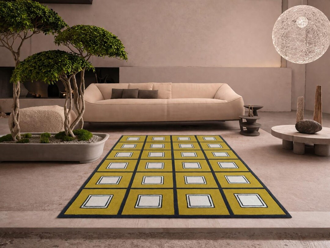 Yellow Geometric Rug 8x10 Modern Grid Pattern Tufted Handmade Carpet ...