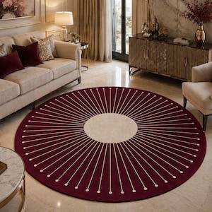 Rond bordeauxrood zonnestraaltapijt modern geometrisch radiaal patroon luxe woonkamertapijt