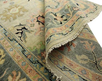 Sage Green Oushak Rug 8x10, Blue Border Turkish Wool Rug Hand Knotted Vintage Carpet