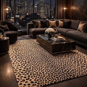 May include: A luxurious living room featuring a large, dark gray sectional sofa with decorative pillows, a marble coffee table, and a leopard-print area rug. The room has a city skyline view at night.