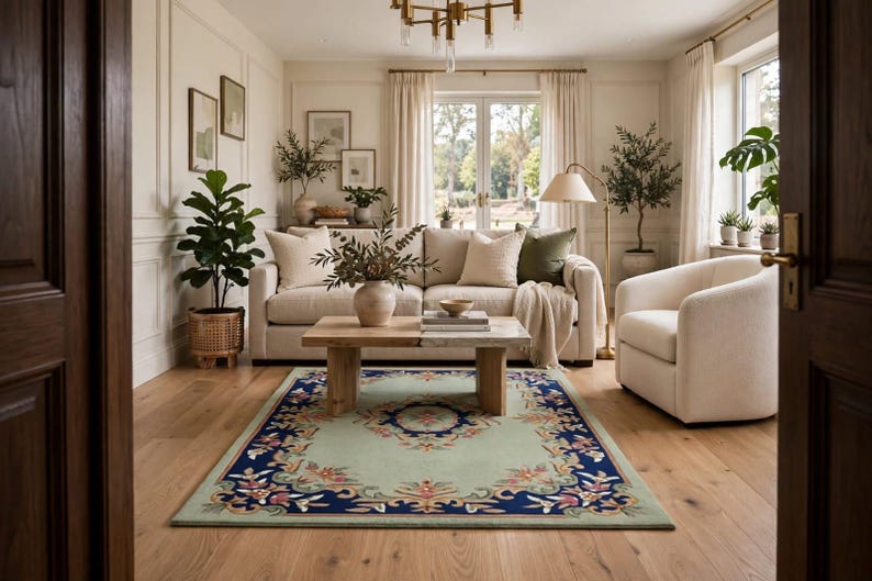 Border Style Rugs Hand Tufted Sage Green Floral Wool Area Rug, Navy Blue Border Vintage ...