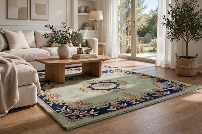 Border Style Rugs Hand Tufted Sage Green Floral Wool Area Rug, Navy Blue Border Vintage ...