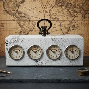 Handcrafted Vintage Wooden World Time Zone Clock – Multi City Tabletop Clock with Handle for Office & Home Decor – Unique Gift for Travelers