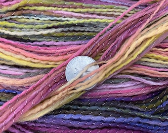 At the Fair. Hand Spun, Hand Dyed Merino Wool Yarn Plied with Metallic Thread. Handmade.